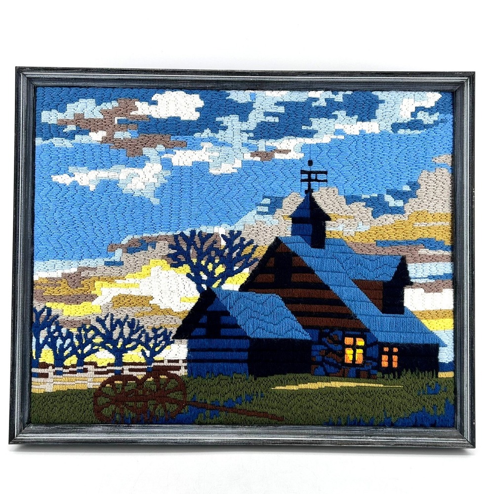 Vintage 1980 Handcrafted Yarn Needlepoint Art Blue Barn Landscape Framed 21x17